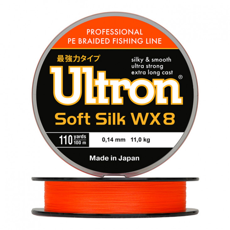 Шнур плетеный Ultron WX8 Soft Silk, 100 м, оранжевый (0,10 мм, 8 кг, 100 м)